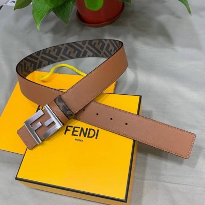 特P170 Fendi（芬迪）专柜同款 宽4.0Cm 双环正反用腰带 Ff按钉搭扣 土黄色Cuoio Romano皮革材质 反面面料带有烟草黄和黑色Ff图案 黑