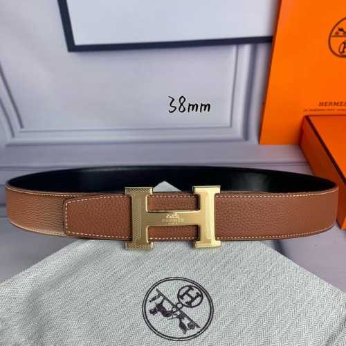 特 HermèS[正]爱马仕 双头尖 双面原版 原单品质 进口头层牛皮 土黄色荔枝纹搭配黑色平纹 寸半38Mm 配官网H马拉车花纹亮金亮银亮枪扣