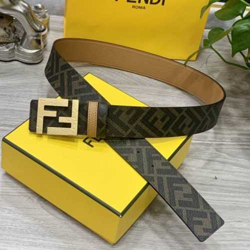 Fendi 芬迪 专柜同款 宽4.0Cm 双环正反用腰带 Ff按钉搭扣 土黄色Cuoio Romano皮革材质 反面面料带有烟草黄和黑色Ff图案 黑色珐琅金属饰