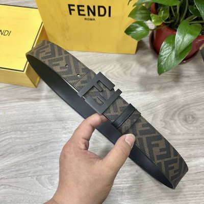 图片包装 Fendi 芬迪 专柜同款 宽4.0Cm 双环正反用腰带 Ff按钉搭扣 黑色Cuoio Romano皮革材质 反面面料带有烟草黄和黑色Ff图案 黑色珐