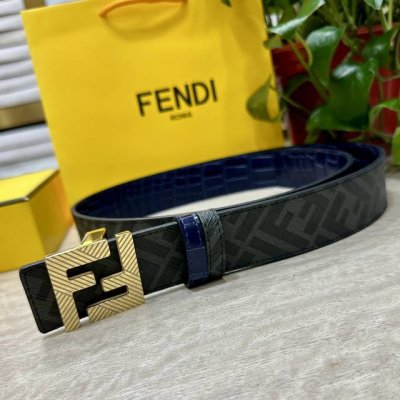 Fendi 芬迪 专柜同款 宽4.0Cm 双环正反用腰带 Ff按钉搭扣 兰色Cuoio Romano皮革材质 反面面料带有烟草黄和黑色Ff图案 四方金属饰面 时