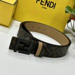 fendi 芬迪 专柜同款 双环正反用腰带 Ff按钉搭扣 棕色Cuoio Romano皮革材质 反面面料带有烟草黄和黑色Ff图案 黑色珐琅金属饰面 时尚经典 百