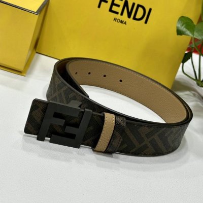 fendi 芬迪 专柜同款 双环正反用腰带 Ff按钉搭扣 棕色Cuoio Romano皮革材质 反面面料带有烟草黄和黑色Ff图案 黑色珐琅金属饰面 时尚经典 百