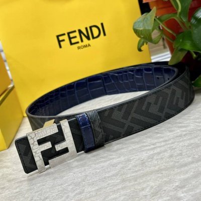 Fendi 芬迪 专柜同款 宽4.0Cm 双环正反用腰带 Ff按钉搭扣 兰色Cuoio Romano皮革材质 反面面料带有烟草黄和黑色Ff图案 四方金属饰面 时