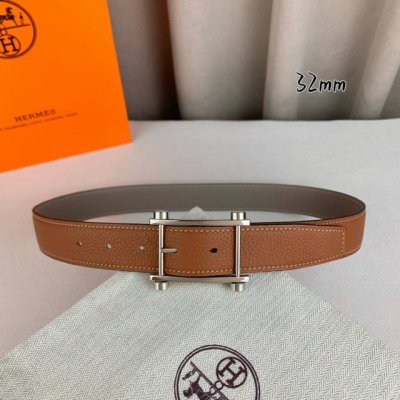 特 HermèS 爱马仕针扣皮带 原单品质 双面荔枝纹 土黄+卡其 32Mm宽 双面可用 配官网H四轮亮金 亮银扣