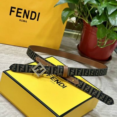 Fendl芬迪专柜同款 宽20Mm 原版定制布料 单环皮带钢扣 Ff图案布料材质 棕色皮革内衬 单钉镀钯金属配件 时尚潮流 经典系列