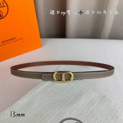 HermèS 爱马仕女款细腰带 原单品质 原版进口E手掌纹配进口小牛皮底 双面可用 灰色土黄色 13Mm宽 搭配H亮金 银扣