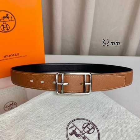 特 HermèS 爱马仕针扣 原单品质 进口头层牛皮 土黄色荔枝纹搭配黑色平纹 32Mm宽 双面可用 配官网H亮金 亮银扣 - 点击图像关闭