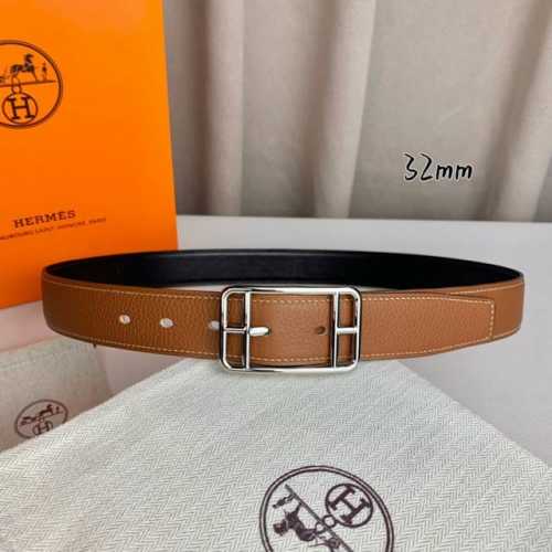 特 HermèS 爱马仕针扣 原单品质 进口头层牛皮 土黄色荔枝纹搭配黑色平纹 32Mm宽 双面可用 配官网H亮金 亮银扣