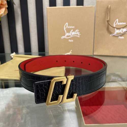 特 3.5宽christian Louboutin 男士ricky标志性徽标搭扣黑色腰带红色底，双面牛皮。
