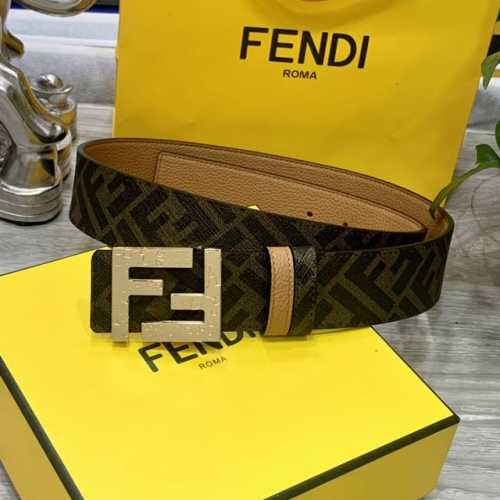 Fendi 芬迪 专柜同款 宽4.0Cm 双环正反用腰带 Ff按钉搭扣 土黄色Cuoio Romano皮革材质 反面面料带有烟草黄和黑色Ff图案 黑色珐琅金属饰