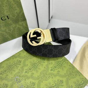 特 Gucci 473030 Kgdhhn 黑灰Supreme Pvc老花 小牛皮黑底 宽度3.7Cm 圆双G旋转扣 双面可用 可裁剪