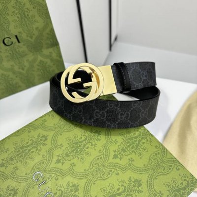 特 Gucci 473030 Kgdhhn 黑灰Supreme Pvc老花 小牛皮黑底 宽度3.7Cm 圆双G旋转扣 双面可用 可裁剪