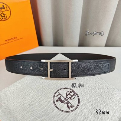 HermèS 爱马仕针扣皮带 原单品质 双面荔枝纹 黑+咖啡 32Mm宽 双面可用 配官网经典H亮金 亮银 亮枪扣