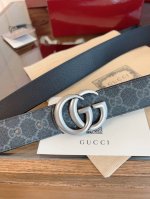 绝美Gucci 双G男士新款腰帶 專櫃同步 寬3.5厘米 帶身帆布灰老花-拼進口猪皮紋黑色 精緻真空電鍍双G鋼扣 雙面可用