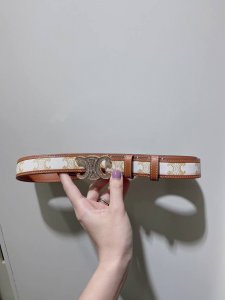 特 Celine 23 中号Triomphe Taurillon皮革腰带 青铜色 Taurillon.中腰，金色饰面金属件、亮面牛皮腰带 咖啡色！Triomph