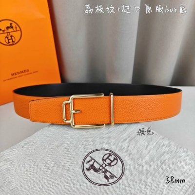 Hermè 爱马仕 双头尖 双面原版 原单品质 进口头层牛皮 橙色荔枝纹搭配黑色平纹 寸半38Mm 配H官网新款金 银 黑扣