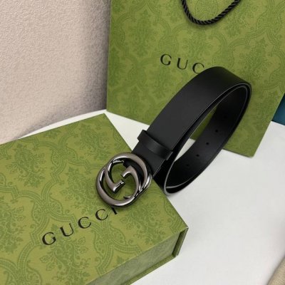 Gucci. 原单头层小牛皮，互扣式钯色金属双g扣，原版开模，品质上乘，手绘边缘,3.7厘米宽