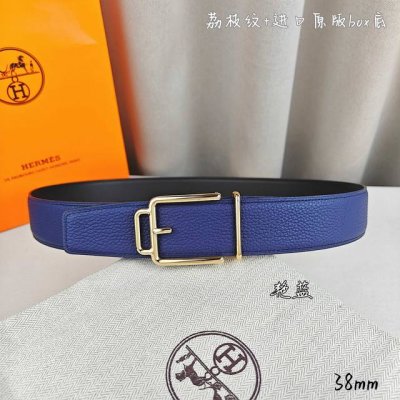 Hermè 爱马仕 双头尖 双面原版 原单品质 进口头层牛皮 艳蓝色荔枝纹搭配黑色平纹 寸半38Mm 配H官网新款金 银 黑扣