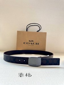 p200 宽度3.8Cm Coach 这款双面腰带一面为经典标志帆布材质，另一面为精制皮革材质，配有标志性扣件，将两种外形合二为一。通过简单的说明，可用剪刀剪裁