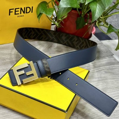Fendi 芬迪 专柜同款 宽4.0Cm 双环正反用腰带 Ff按钉搭扣 兰色Cuoio Romano皮革材质 反面面料带有烟草黄和黑色Ff图案 四方金属饰面 时