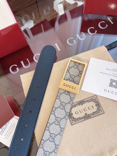 Gucci.古驰 全套包装 绝美Gucci 方扣男士新款腰帶 專櫃同步 寬3.5厘米 帶身帆布杏老花-拼進口猪皮紋黑色 精緻真空電鍍方型鋼扣 雙面可用