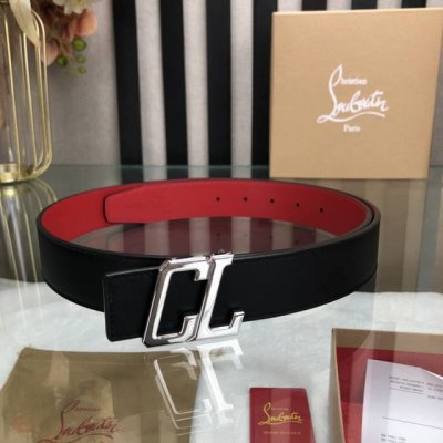 特 3.5宽Christian Louboutin 男士Ricky标志性徽标搭扣黑色腰带红色底，双面牛皮。