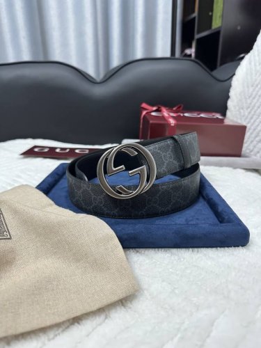 Gucci.古驰 全套包装 黑色Gg Supreme老花 宽度4.0Cm 互扣式双G做旧烟熏扣