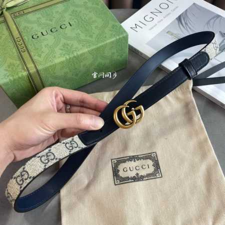 今年最时尚蓝系列 Gucci小牛皮拼接Gg Supreme 老花帆布，对版3孔调节，横标Logo编号:409417 92Tlt宽2.0Cm 复古Gg扣 - 点击图像关闭
