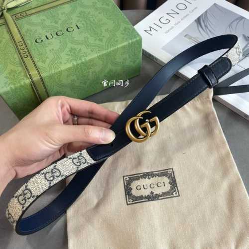 今年最时尚蓝系列 Gucci小牛皮拼接Gg Supreme 老花帆布，对版3孔调节，横标Logo编号:409417 92Tlt宽2.0Cm 复古Gg扣