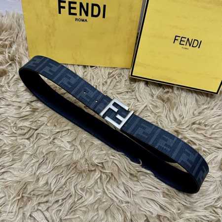 Fendi 芬迪 全套包装 专柜同款 宽4.0Cm 双环正反用腰带 Ff按钉搭扣 黑色Cuoio Romano皮革材质 反面面料带有烟草黄和黑色Ff图案 四方金 - 点击图像关闭