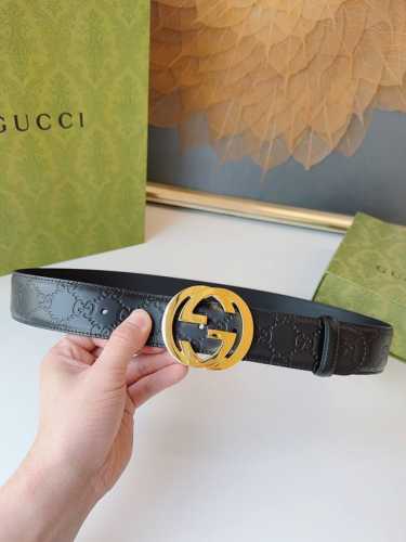 Gucci 经典全皮压花，专柜新版Logo横标，原版进口南非皮底，精品双G钢扣 高端品质，不惧对比，宽度：4.0Cm 代购版本 原单130
