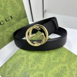 Gucci 0Ya0X 优质柔软细腻小牛皮面料 内衬进口专用底料 宽度4.0Cm 新版圆润互扣式双g搭扣