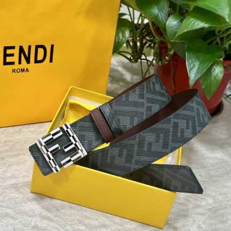 fendi 芬迪 专柜同款 宽4.0Cm 双环正反用腰带 Ff按钉搭扣 咖啡色Cuoio Romano皮革材质 反面面料带有烟草黄和黑色Ff图案 黑色珐琅金属饰 - 点击图像关闭