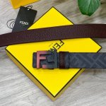 特 P170 Fendi 芬迪 专柜同款 宽4.0Cm 双环正反用腰带 Ff按钉搭扣 酒红色Cuoio Romano皮革材质 反面面料带有烟草黄和黑色Ff图案