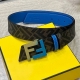 Fendi芬迪专柜同款 宽4.0Cm 双环正反用腰带 Ff按钉搭扣 黑色Cuoio Romano皮革材质 反面面料带有烟草黄和黑色Ff图案 四方满钻金属饰面 时