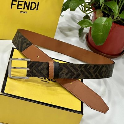 特P180 Fendi（芬迪）专柜同款 宽35Mm 双环正反用腰带 Ff按钉搭扣 棕色Cuoio Romano皮革材质 反面面料带有烟草黄和棕色Ff图案 针扣金