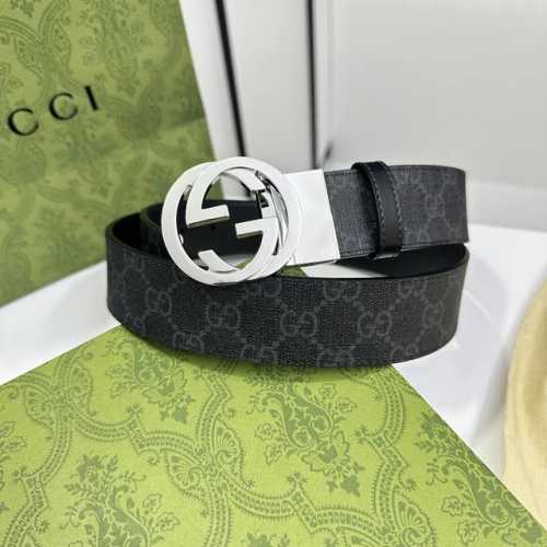 特 Gucci 473030 Kgdhhn 黑灰Supreme Pvc老花 小牛皮黑底 宽度3.7Cm 圆双G旋转扣 双面可用 可裁剪