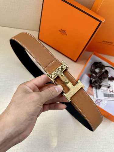 特 爱马仕Hermes男士腰带 进口手掌小牛皮白线精钢精品五金 双面可用 宽3.8Cm