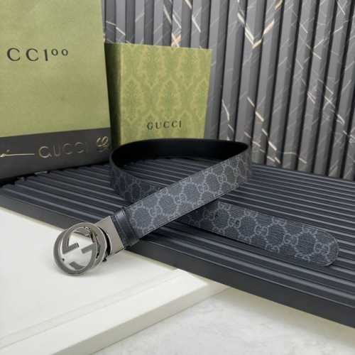 Gucci 473030 Kgdhn 525040 黑蓝色Supreme pvc老花 进口小牛皮底 宽度3.7Cm 小标Gg旋转扣[原单精品扣] 双面可用 可裁