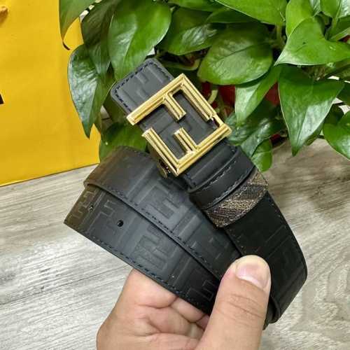 图片包装＋10 Fendi 芬迪 专柜同款 宽3.0Cm 双环正反用腰带 Ff按钉搭扣 黑色Cuoio Romano皮革材质 反面面料带有烟草灰和黑色Ff图案