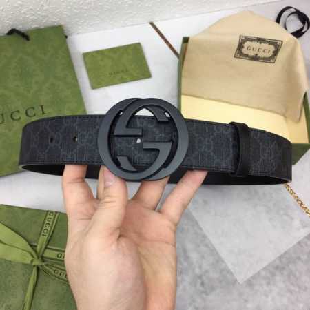 配全套包装礼盒 男款腰带皮带 Gucci Gg Supreme高级人造帆布，可分解材料，配以黑色皮革滚边，搭配双G带扣，4厘米宽，本款腰带适用低腰和高腰两种穿戴 - 点击图像关闭