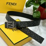 Fendi 芬迪 专柜同款 宽4.0Cm 双环正反用腰带 Ff按钉搭扣 黑色Cuoio Romano皮革材质 反面面料带有烟草黄和黑色Ff图案 四方金属饰面 时