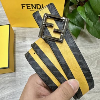 图片包装＋10 Fendi 芬迪 专柜同款 宽4.0Cm 双环正反用腰带 F按钉搭扣 黑色Cuoio Romano皮革材质 反面面料带有烟草黄和黑色Ff图案 黑