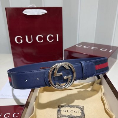 Gucci 古奇新款 采用织带布搭配双面头层牛皮 纯铜精品扣头打造 双面可用，柔软细腻，休闲商务，百搭大方，商务休闲！ 尺寸：3.8Cm 颜色：红蓝布包边蓝色牛