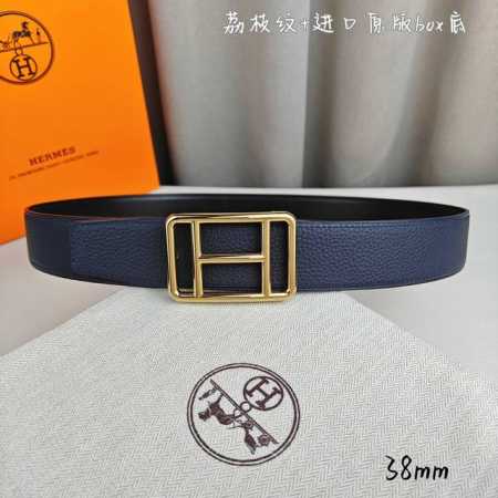 Hermè 爱马仕 双头尖 双面原版 原单品质 进口头层牛皮 深蓝色荔枝纹搭配黑色平纹 寸半38Mm 配官网H精钢金 银扣 - 点击图像关闭