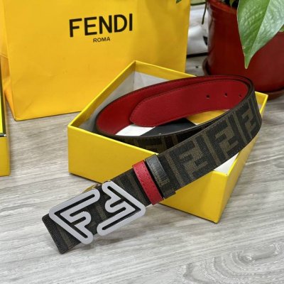 Fendi 芬迪 专柜同款 宽4.0Cm 双环正反用腰带 Ff按钉搭扣 红色cuoio Romano皮革材质 反面面料带有烟草黄和黑色ff图案 黑色珐琅金属饰面