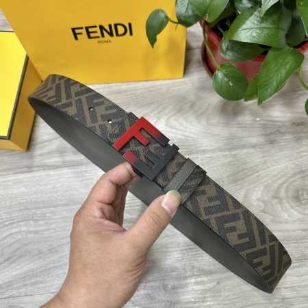 Fendi芬迪专柜同款 宽4.0Cm 双环正反用腰带 Ff按钉搭扣 灰色Cuoio Romano皮革材质 反面面料带有烟草黄和黑色Ff图案 四方金属饰面 时尚经 - 点击图像关闭