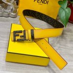 特 Fendi 芬迪 专柜同款 宽4.0Cm 双环正反用腰带 Ff按钉搭扣 双色cuoio Romano皮革材质 反面面料带有烟草黄和黑色ff图案 黑色珐琅金属