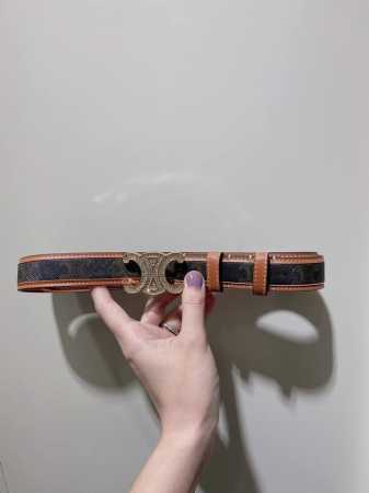 特 Celine 23 中号Triomphe Taurillon皮革腰带 青铜色 Taurillon.中腰，金色饰面金属件、亮面牛皮腰带 咖啡色！Triomph - 点击图像关闭